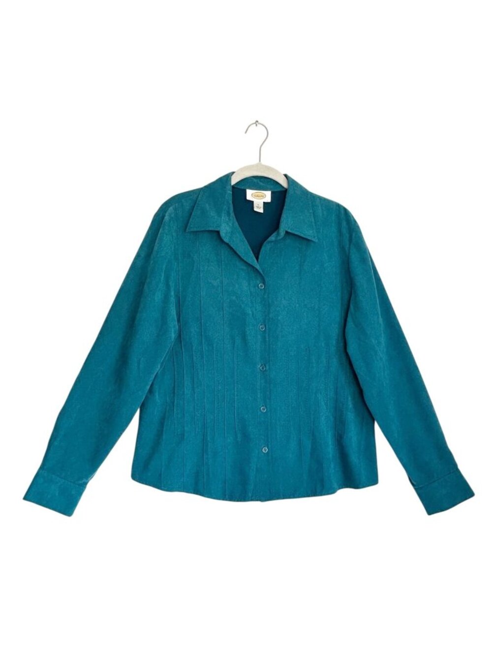 Talbots Faux Suede Long Sleeve Button Front Blouse in Teal - Sz L